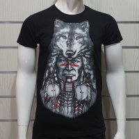 Нова мъжка тениска с трансферен печат Вълк Индианец, Серия вълци, снимка 3 - Тениски - 27554737