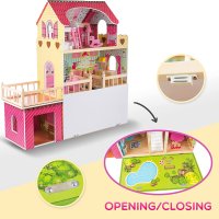 Дървена къща за кукли  Kinderplay Green GS0020 с Led светлини мебели 3 етажа къща за барби, снимка 6 - Кукли - 43408744