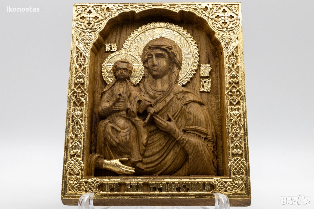 Релефна православна икона на Дева Мария Троеручица – позлатена, снимка 1