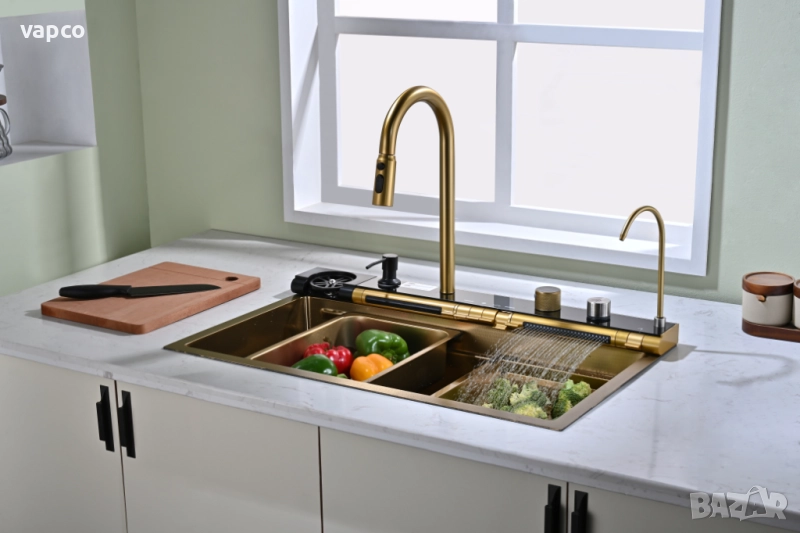 Златна мултифункционална кухненска мивка с регулируем двоен водопад, снимка 1