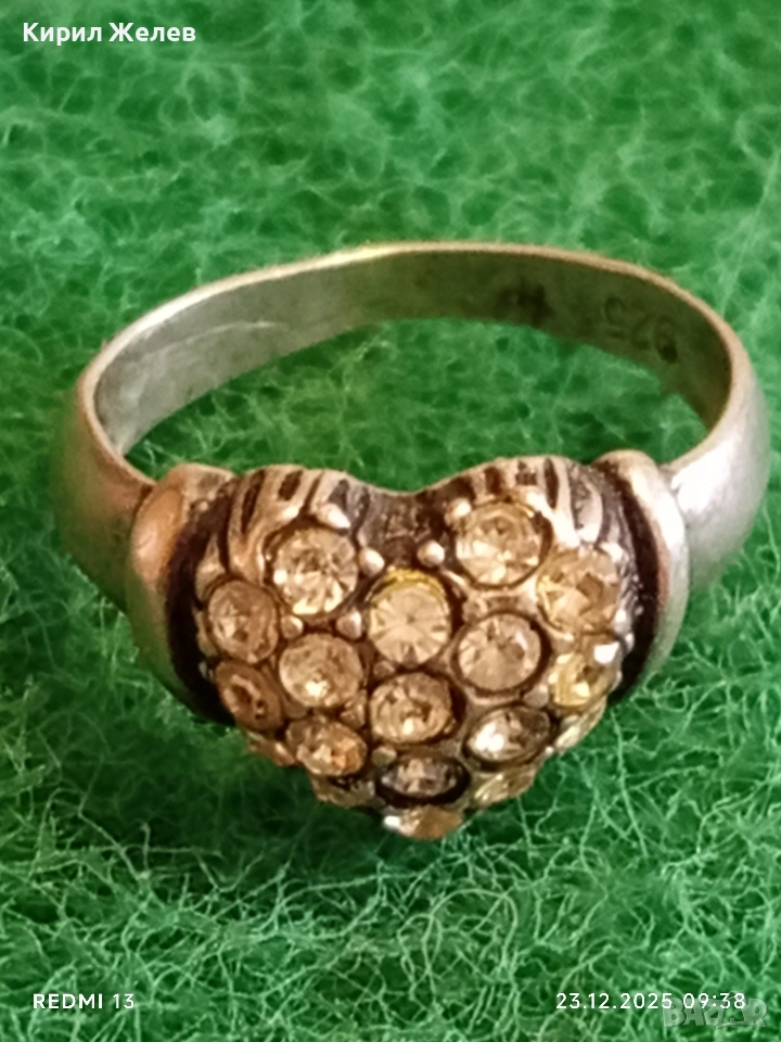 Сребърен пръстен с формата на сърце ❤️ с инкрустиран ПЛАНИНСКИ КРИСТАЛ ювелирна изработка 34457, снимка 1