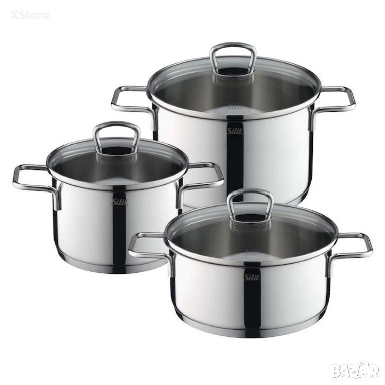 Комплект 3 тенджери Silit Alicante, Стъклени капаци, Сребърен, снимка 1