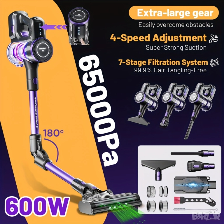 Безжична Вертикална Прахосмукачка - Yanhama H3 600W 65000Pa, 4-в-1 с 60 Мин Работа, LED!, снимка 1