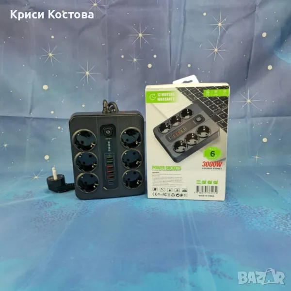 Разклонител 6 гнезда 5 бр usb,Type C 3000W, снимка 1