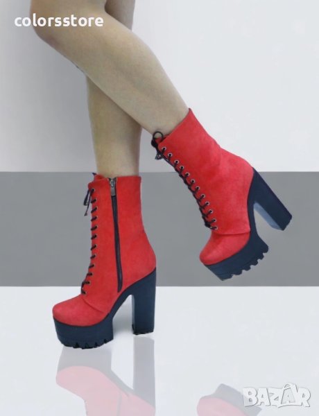  Боти на ток - червен велур с черно ходило - 592, снимка 1