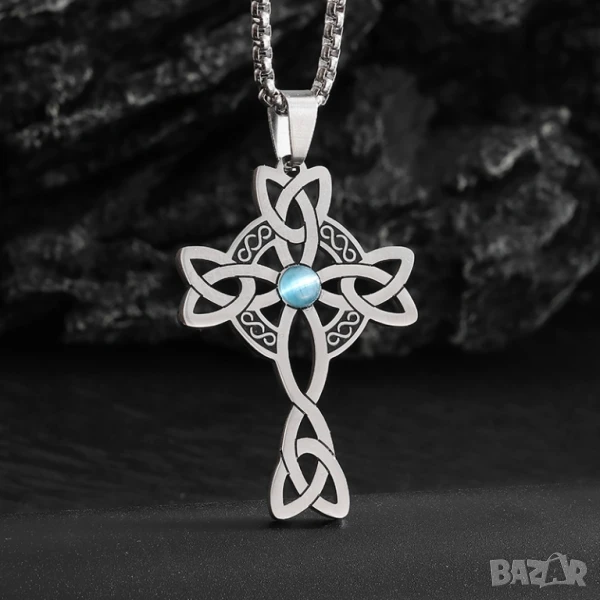 Келтски кръст от медицинска стомана с тюркоазен камък – амулет за защита, вяра и вътрешна сила
, снимка 1