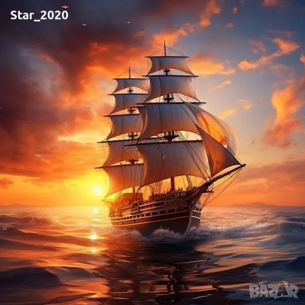 Светеща картина с LED осветление - кораб и залез, снимка 1