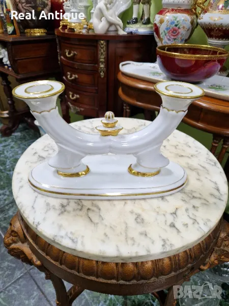 Голям антикварен колекционерски немски порцеланов свещник тройка , снимка 1