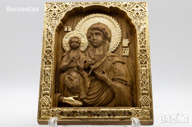 Релефна православна икона на Дева Мария Троеручица – позлатена