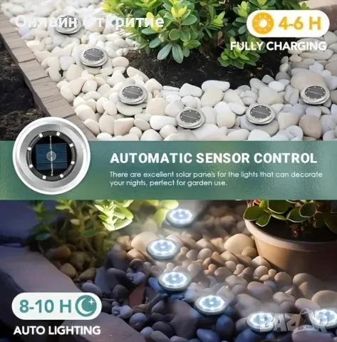 Соларни външни лампи. Водоустойчиви Комплект 4 броя. Бяла светлина 8 LED, снимка 7 - Соларни лампи - 50100587