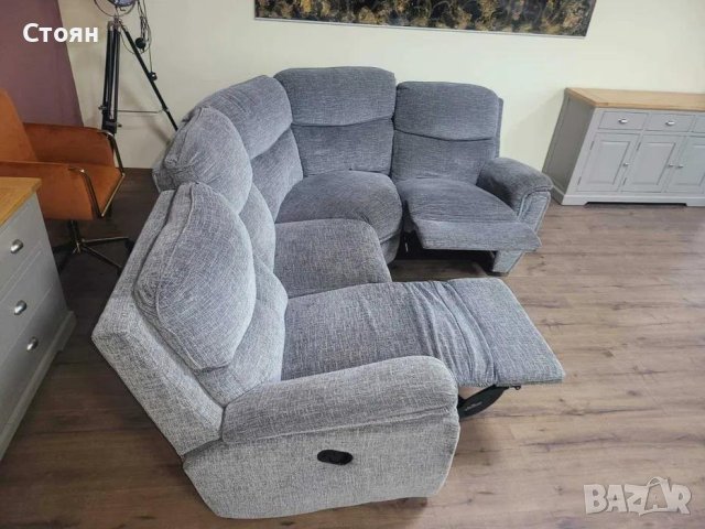 Сив ъглов диван от плат с ръчен релаксиращ механизъм, снимка 7 - Дивани и мека мебел - 43896533