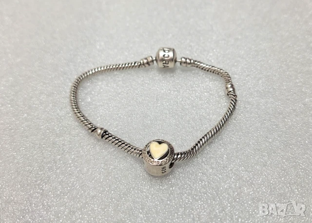 Оригинална Сребърна Гривна PANDORA с Талисман "Сърце от злато"-12.29 грама