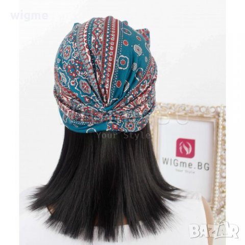 Тюрбан за коса с пандела и орнаменти в синьо-зелено, снимка 3 - Аксесоари за коса - 33650333