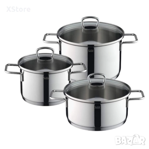 Комплект 3 тенджери Silit Alicante, Стъклени капаци, Сребърен