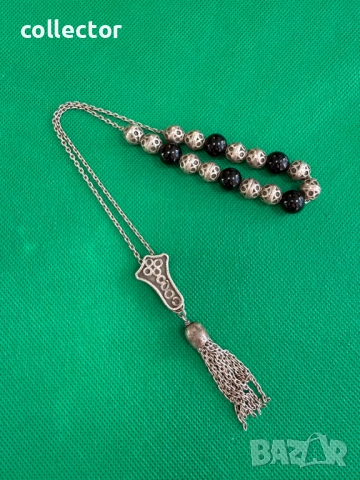 Сребърна броеница с черен ахат. №7752, снимка 2 - Антикварни и старинни предмети - 52814266