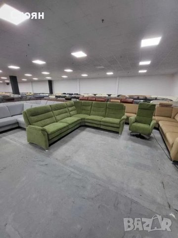 Зелен ъглов диван от плат с ел.релакс и фотьойл "PP - PF20073"