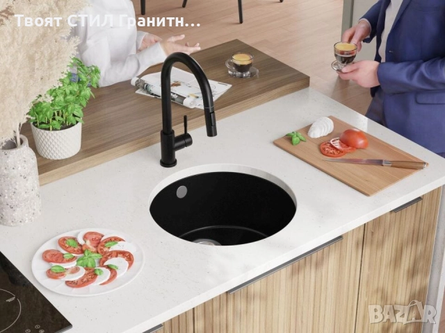 Черна кръгла кухненска мивка за вграждане под плот Валета 50 460x460 мм, снимка 2 - Мивки - 51918547