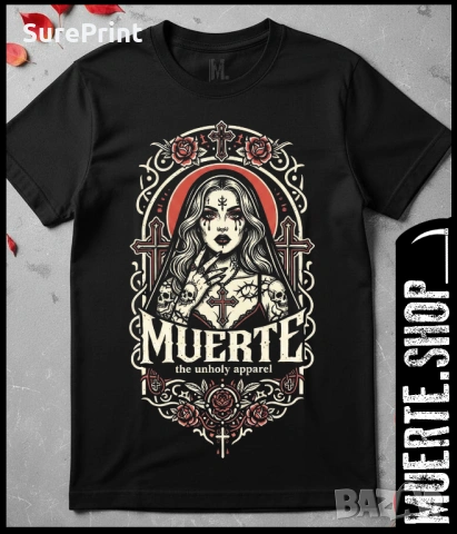 Черна тениска THE UNHOLY ROSE с готически дизайн и женска фигура