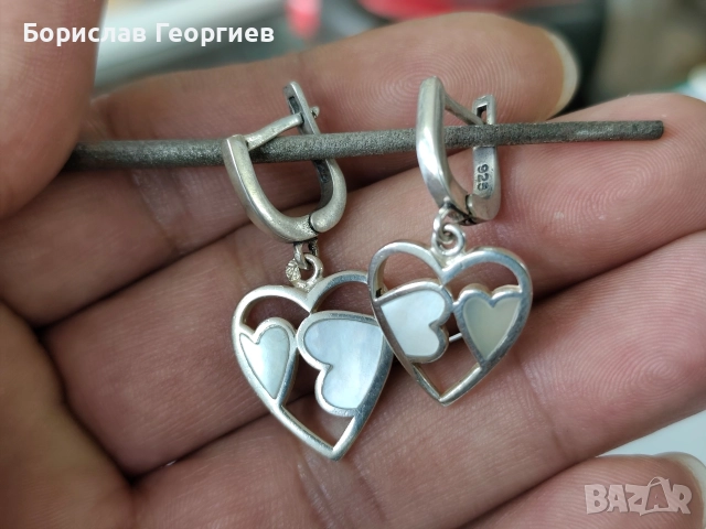 Сребърни обеци сърце със седеф 925, снимка 2 - Обеци - 52719409