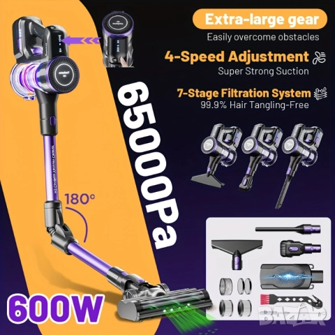 Безжична Вертикална Прахосмукачка - Yanhama H3 600W 65000Pa, 4-в-1 с 60 Мин Работа, LED!