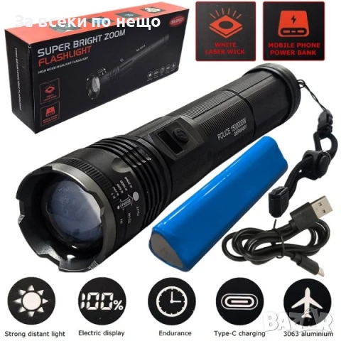 Мощен супер ярък акумулаторен фенер BX-SP37 – 80000 лумена, водоустойчив, с USB зареждане