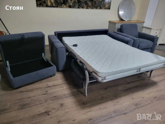 Сив комплект от плат диван тройка с функция сън, фотьойл и табуретка, снимка 5 - Дивани и мека мебел - 50886943