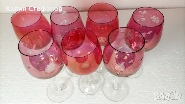 Изключително красиви чаши за вино, ракия, калиево стъкло – 7 бр, снимка 6 - Антикварни и старинни предмети - 50216270