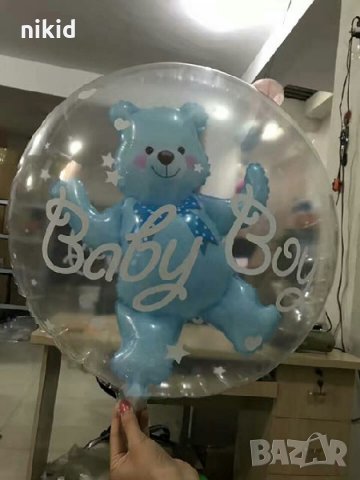 Прозрачен кръгъл балон вътре с мече фолио фолиев балон хелий въздух парти рожден ден кръщене бебе, снимка 2 - Други - 26212046