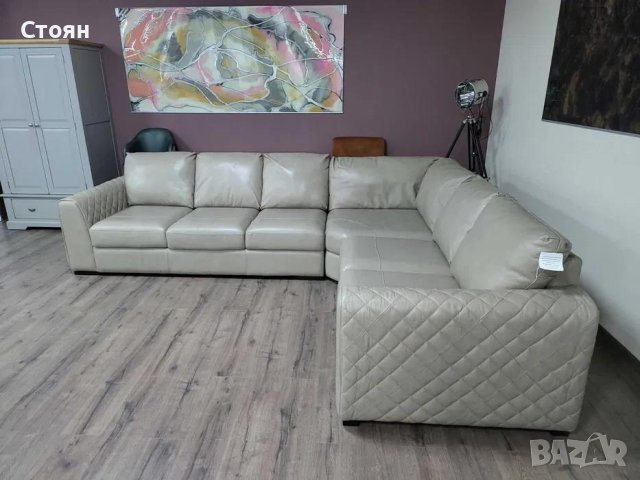 Голям кремав кожен ъглов диван "Mazzini", снимка 4 - Дивани и мека мебел - 43290060