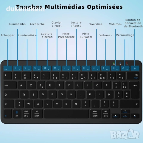 Мини безжична Bluetooth клавиатура AZERTY – френска подредба, USB-C, черна, снимка 3 - Клавиатури и мишки - 53382138
