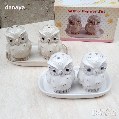 1628 Комплект керамични солнички на поставка Бухалчета, снимка 7 - Аксесоари за кухня - 44066623