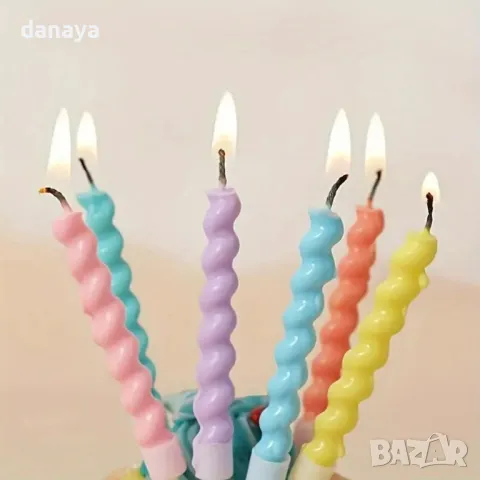 5365 Комплект цветни спираловидни свещи за торта, 6 броя, снимка 4 - Декорация за дома - 47716073