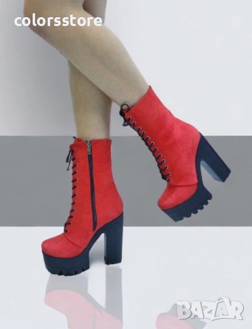  Боти на ток - червен велур с черно ходило - 592