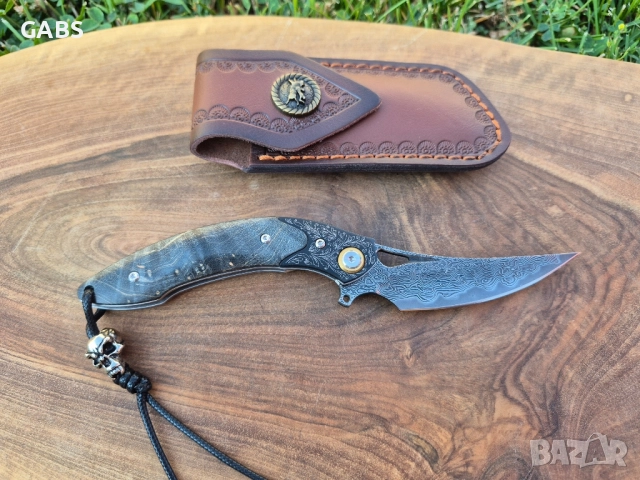 Уникален сгъваем ръчно изработен нож,Дамаска стомана VG10 с кания, снимка 3 - Ножове - 51442841