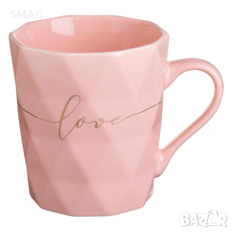 Чаша "New Bone" – Розова с релефни триъгълници и надпис "Love", 360 мл_1245245, снимка 2 - Чаши - 53415928