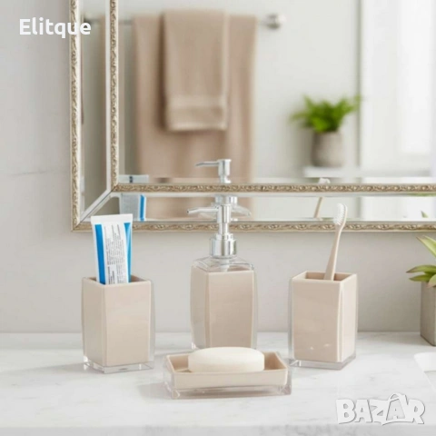 Комплект аксесоари за баня Cheffinger – 4 части, дозатор за сапун, чаша за четки и сапунерка