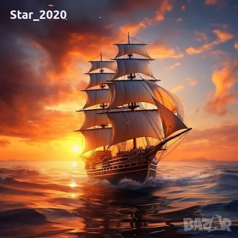 Светеща картина с LED осветление - кораб и залез, снимка 1