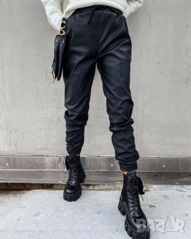 Дамски кожен панталон с връзки в черен цвят, снимка 2 - Панталони - 43524463