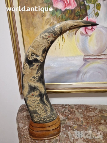 Чифт страхотни антикварни рогове ръчно гравирани , снимка 7 - Антикварни и старинни предмети - 53139393