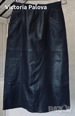 VINTAGE черна кожена миди пола, уникален дизайн, снимка 7 - Поли - 52086295