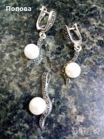 Комплект сребро с перли и марказити /обеци и медальон /, снимка 3 - Бижутерийни комплекти - 26590914