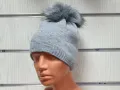 Нова зимна дамска шапка с камъчета отпред и с пух/помпон в светлосив цвят, снимка 5