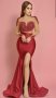 Бална рокля от сатен с деколте от 3 Д апликация в червено , снимка 1 - Рокли - 43605922