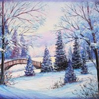 Зимен пейзаж с мостче | Картина с маслени бои , снимка 1 - Картини - 43584953