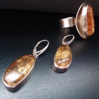 Дизайнерско сребро с естествен кехлибар/обеци и пръстен/, снимка 3 - Бижутерийни комплекти - 28352757