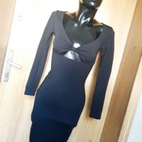 Черна рокля с дълъг ръкав по тялото с бюст панделка С , снимка 1 - Рокли - 26373287