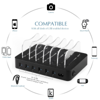 PRITEK мулти докинг станция/зарядно с 6 USB порта/6 къси кабела/телефон/таблет/MP4/колони/слушалки, снимка 2 - Оригинални зарядни - 44865377