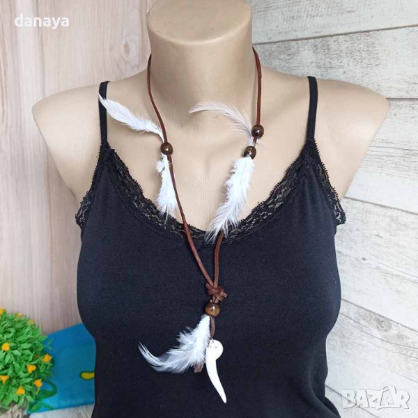 3304 Кожено колие с пера и висулки, снимка 1
