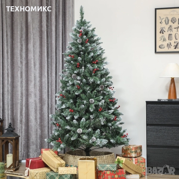 Изкуствена коледна елха декорирана с шишарки и горски плодове, зелена,, снимка 1