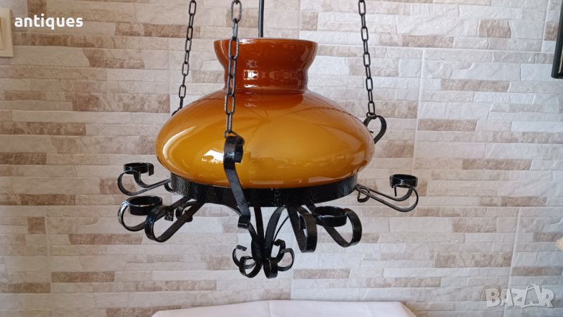 Стар полилей от ковано желязо и стъклен плафон, снимка 1